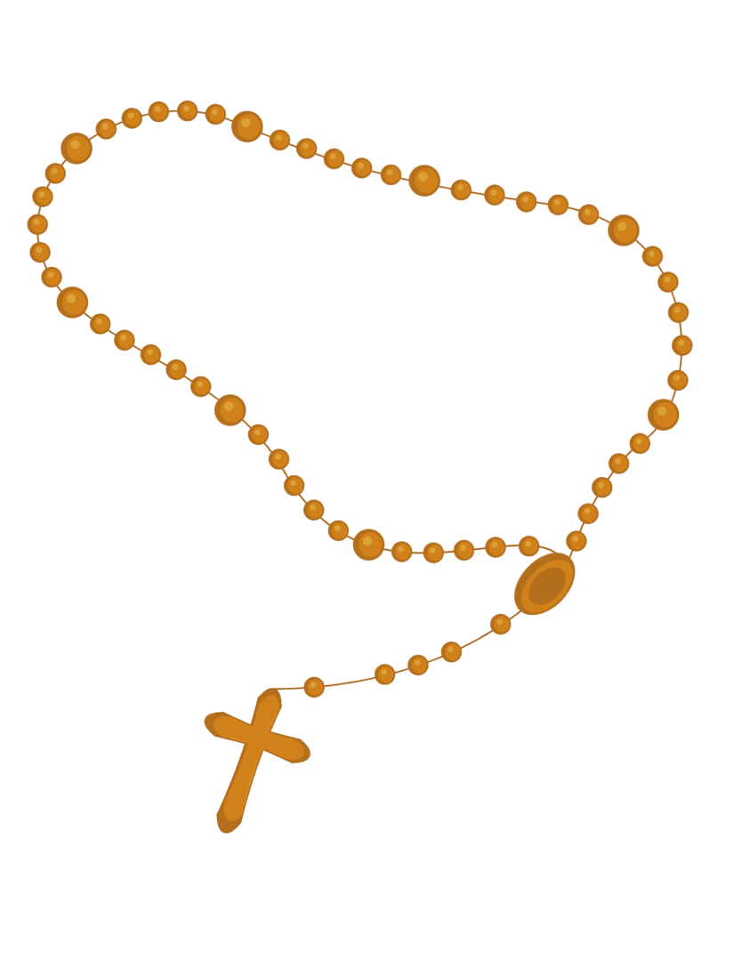 A rosary with an orange cross on it.