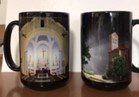 Two mugs with a picture of a church and trees.