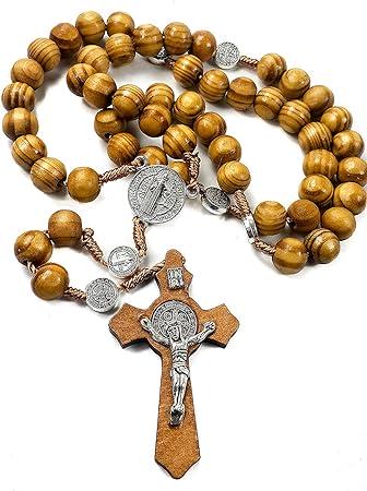 A wooden rosary with a cross and medals.